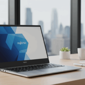 Fujitsu UX-K3 ultrabook open on a desk beside a coffee mug, showing its thin design and lightweight build.