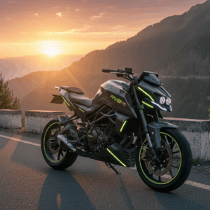 TVS Apache RTX 300 adventure bike on a mountain highway during sunrise