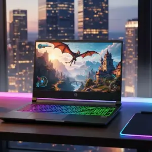 HP Victus 15 gaming laptop on a desk with LED RGB lighting, US urban backdrop, trending launch showcase, cinematic lighting, high-resolution
