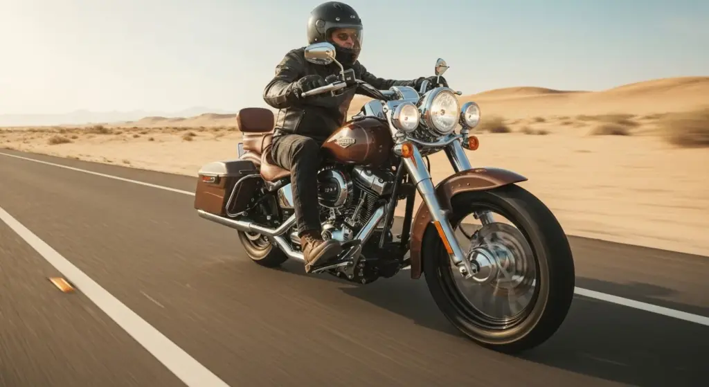Harley-Davidson Heritage Classic in action on a U.S. desert highway demonstrating its upgraded performance