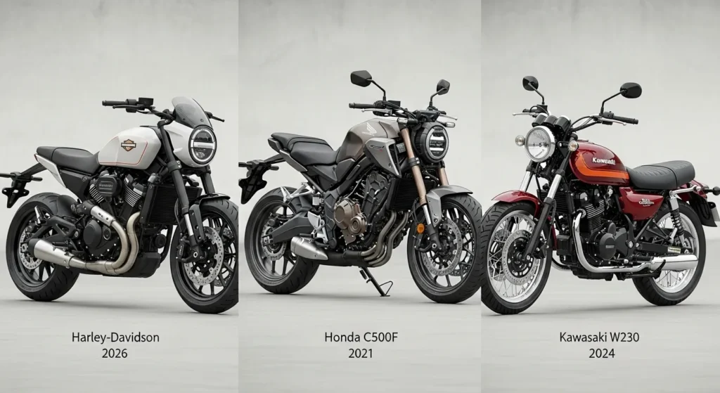 Harley-Davidson Sprint 2026 compared side-by-side with Honda CB500F and Kawasaki W230.