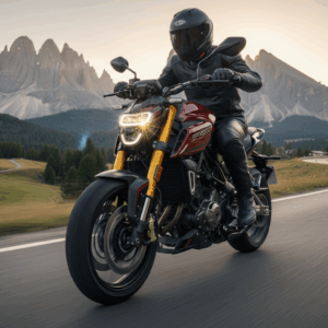 Hero Hunk 440 motorcycle on an Italian mountain road with golden USD forks glinting in sunlight