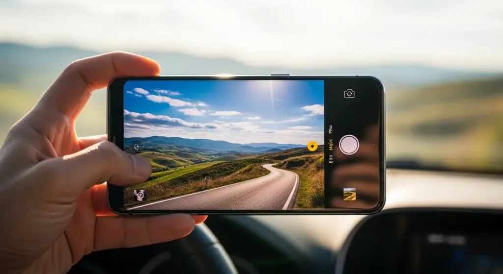 Honor Magic 8 Pro in use outdoors — capturing photos on a sunny road trip