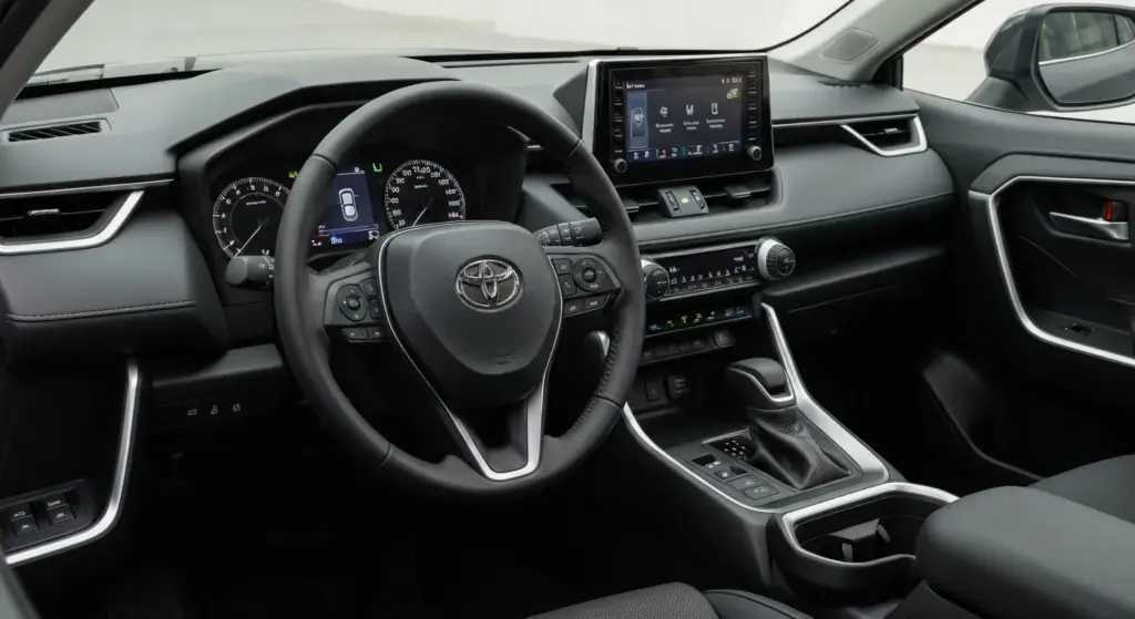 Interior of 2026 Toyota RAV4 featuring new digital displays and Arene software interface.