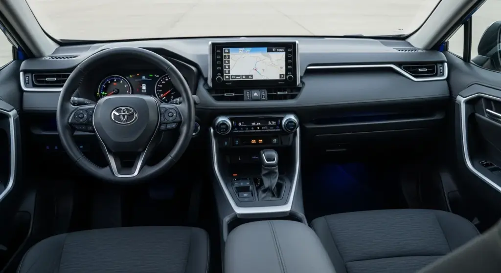 Interior of 2026 Toyota RAV4 featuring new digital displays and Arene software interface..278Z
