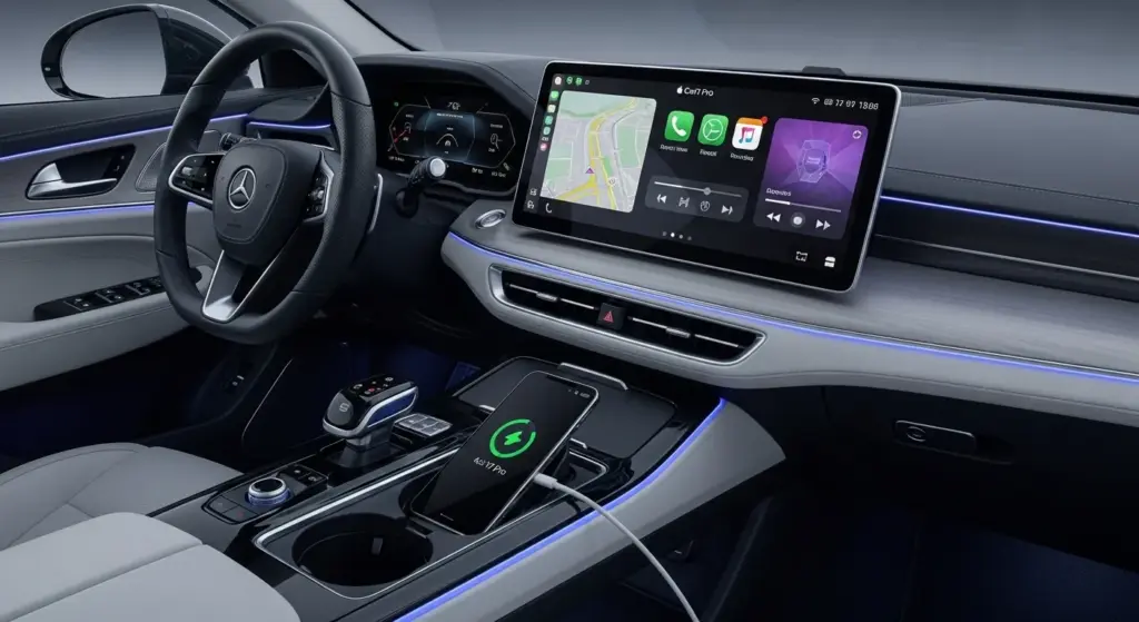 Interior shot of a luxury EV cockpit with iPhone 17 Pro connected