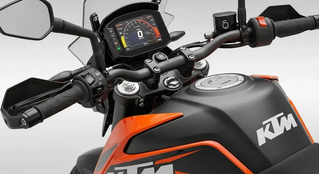 KTM 390 Adventure R 2025 cockpit and fuel tank close-up showing TFT display and design details..735Z