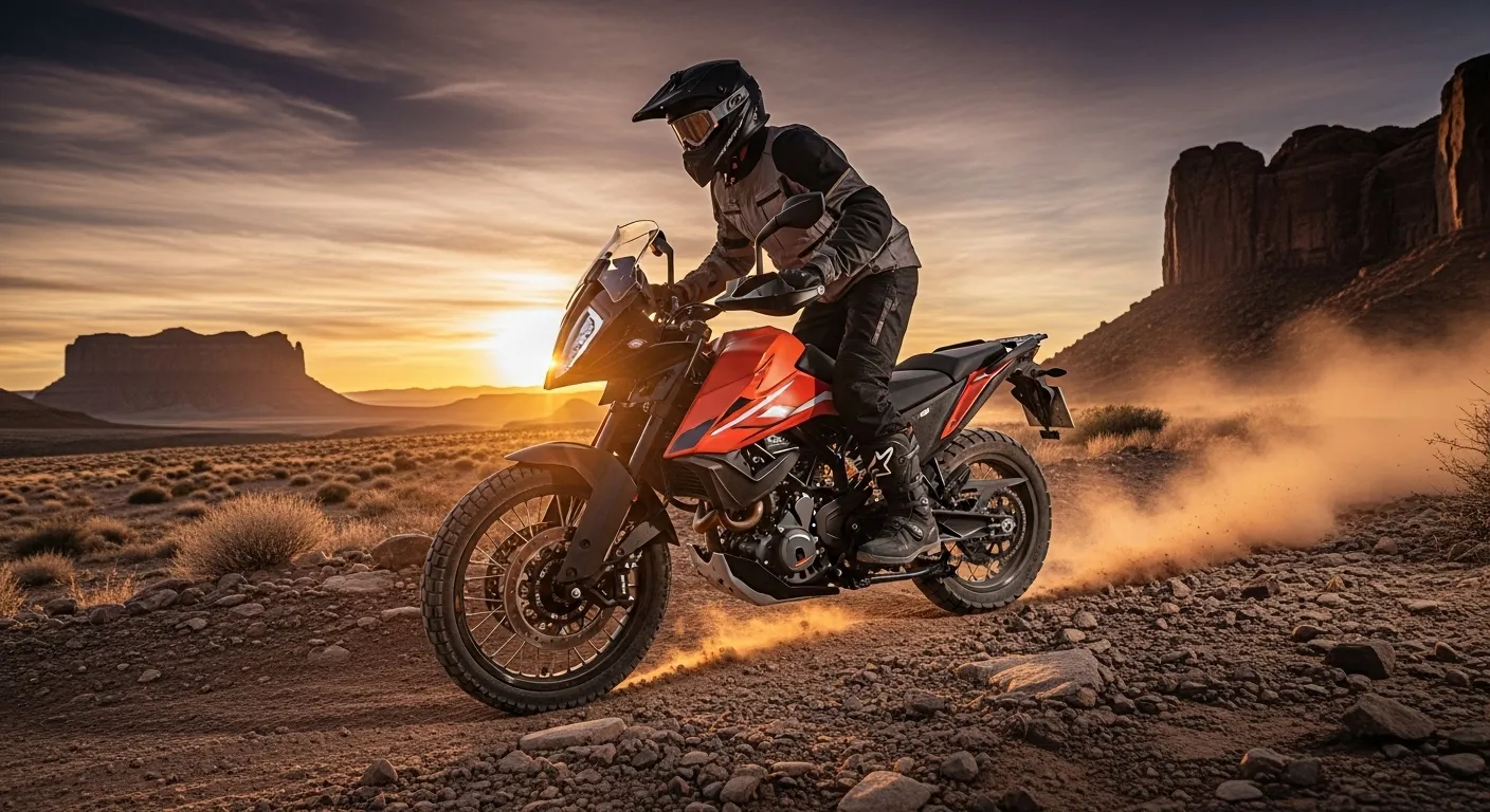 KTM 390 Adventure R adventure motorcycle in desert landscape during sunset..581Z