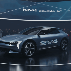 Kia EV4 electric sedan showcased outdoors with sleek front design and futuristic headlights.