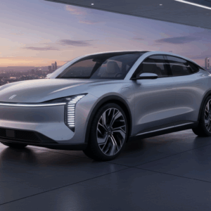 Leapmotor D19 electric SUV showcased outdoors with modern city skyline.