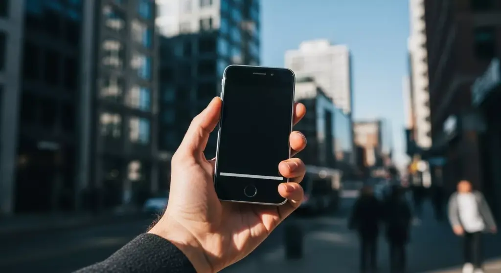 Lifestyle shot of Light Phone III in hand against a cityscape, daylight colors, authentic street vibe.