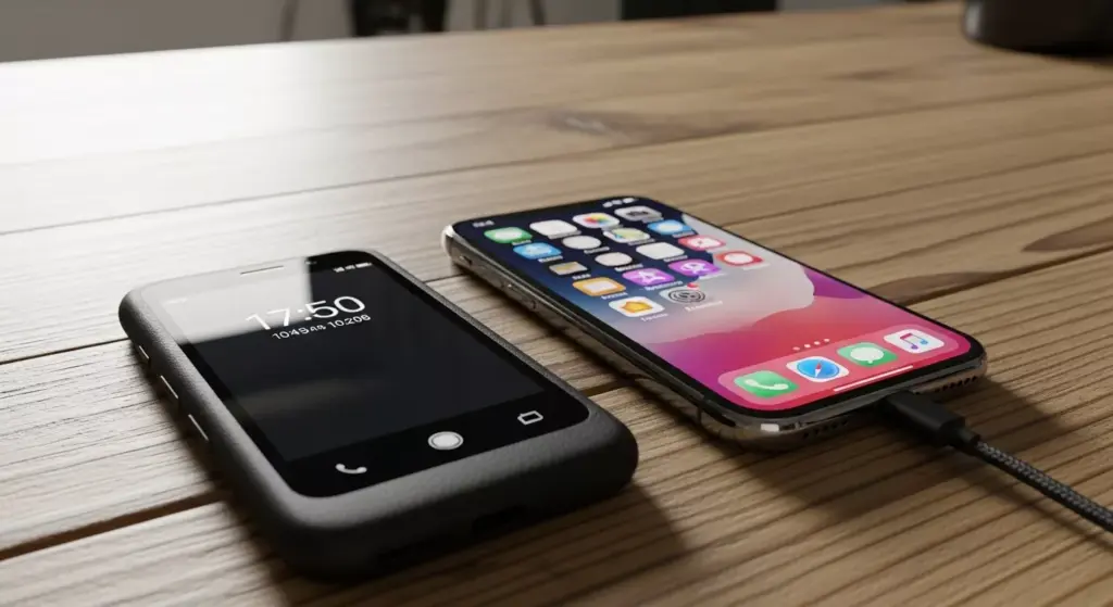 Light Phone III beside an iPhone 16 Pro on a wooden desk — contrast between minimal and feature-rich design