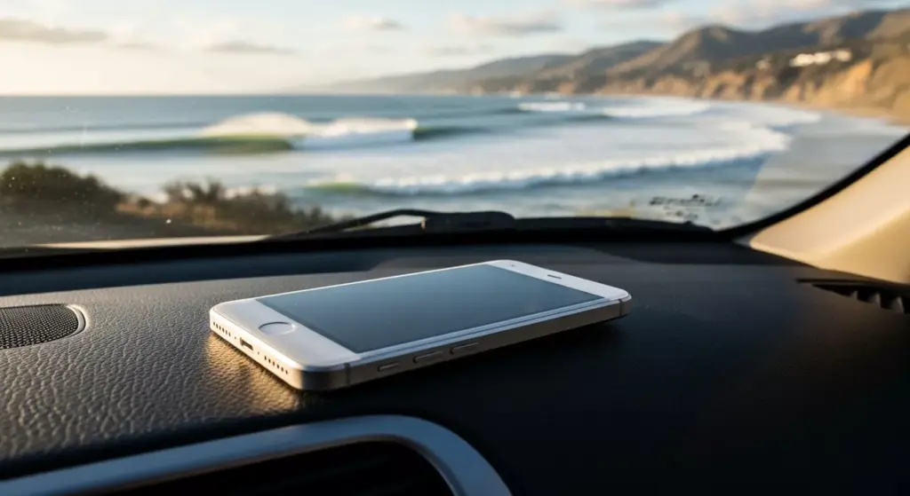 Light Phone III on car dashboard during California coast drive, waves in background, natural light
