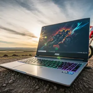 MSI Crosshair 16 HX AI showcased outdoors in daylight, hybrid dirt-bikesport-tourer design, glossy metallic finish, dramatic sky backdrop