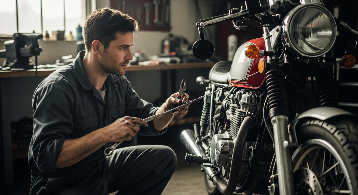 Mechanic adjusting motorcycle clutch cable