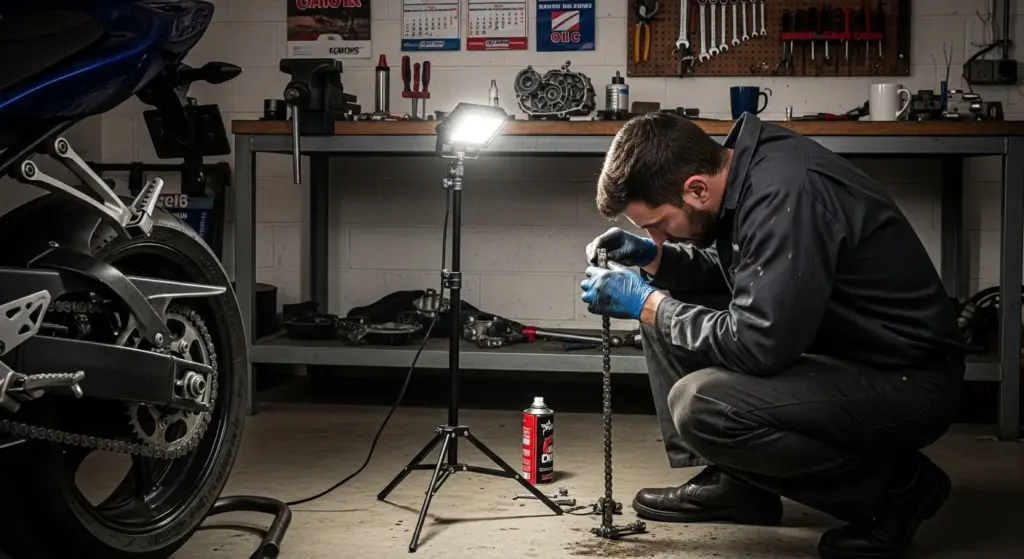 Mechanic checking stiff motorcycle chain links.