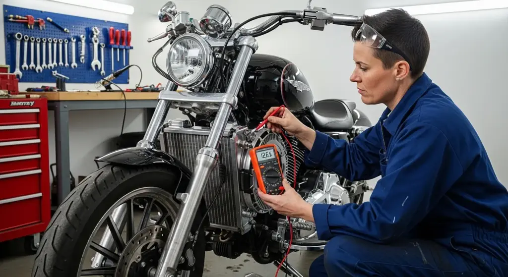 Mechanic testing motorcycle radiator fan with multimeter in a well-lit garage