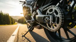 Motorcycle chain close-up on a USA road backdrop.