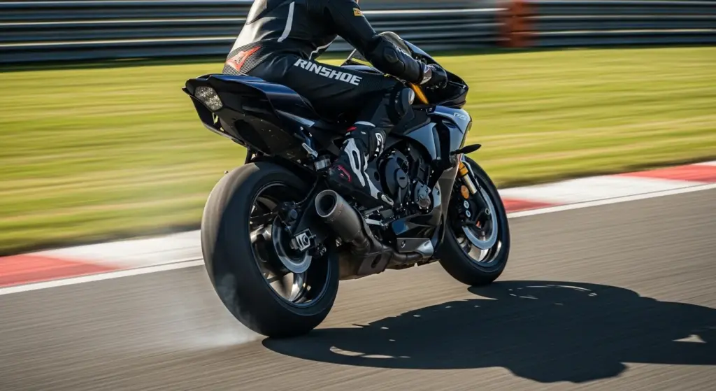 Motorcycle demonstrating traction and lean angle.