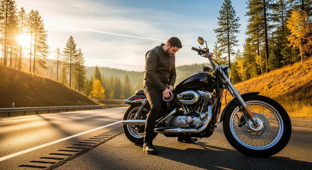 Motorcyclist inspecting clutch lever before a road trip