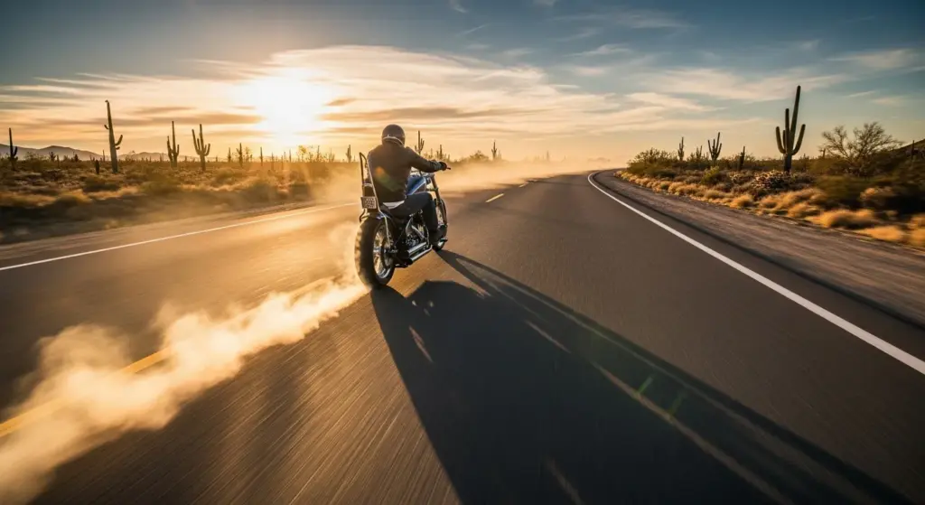 Motorcyclist riding through desert highway with visible heat haze