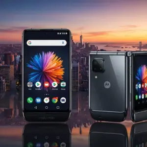 Motorola Razr Ultra 2025 displayed open and folded, city skyline background at sunset, glossy reflections, lifestyle showcase