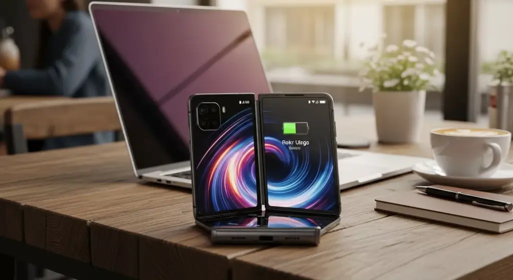 Motorola Razr Ultra 2025 on café table beside laptop, screen glowing, battery icon visible