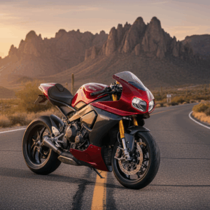 Norton V4 superbike parked on scenic U.S. highway at sunset