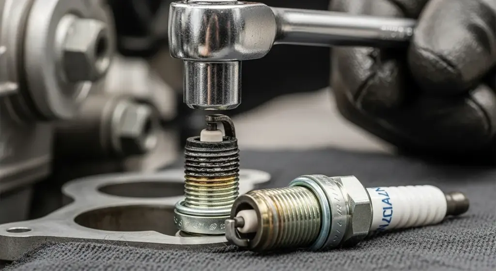 Old and new motorcycle spark plugs showing wear that causes rough idle