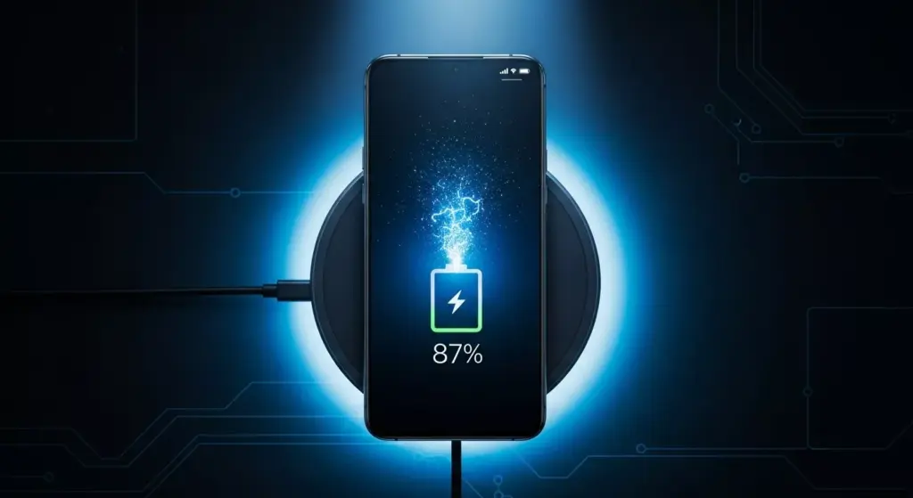 OnePlus 15 placed on a wireless charging pad glowing blue, power animation visible on screen