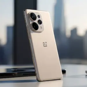 OnePlus 15 smartphone showcased on a modern desk setup with soft daylight reflections, Sand Storm color variant