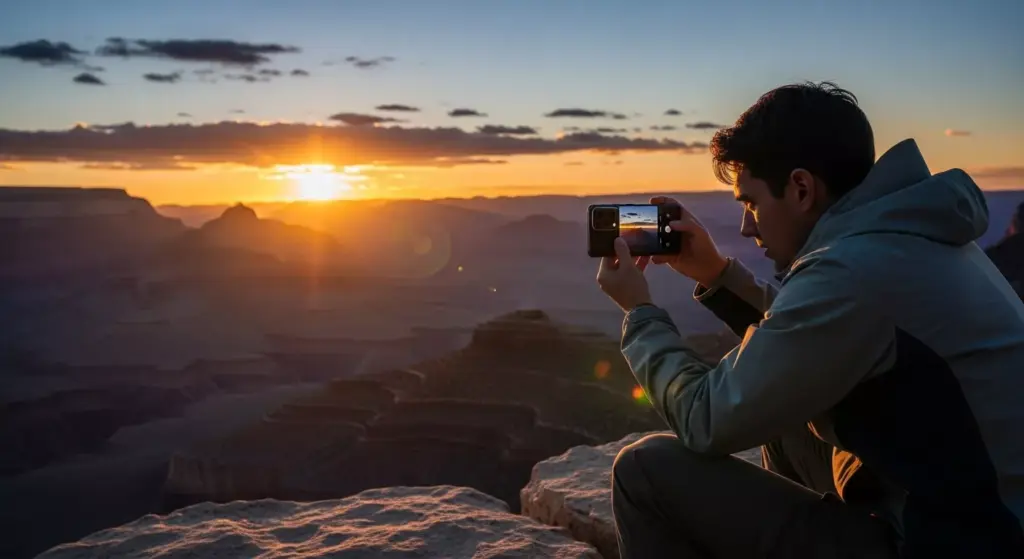 Photographer capturing sunset using OnePlus 15, warm golden-hour lighting, scenic outdoor backdrop