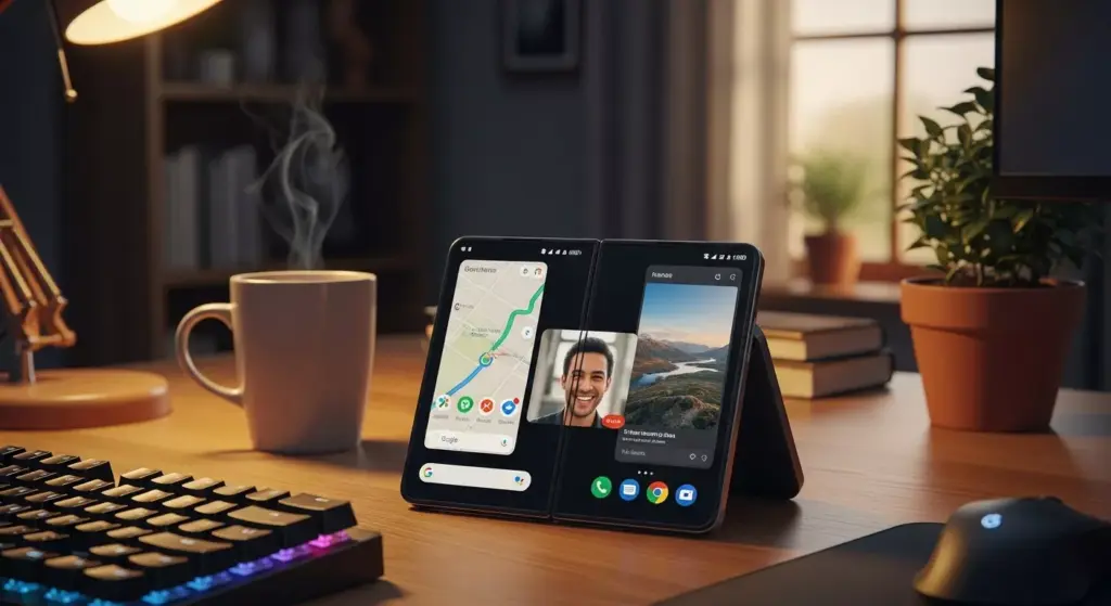 Pixel 9 Pro Fold in action on a desk setup, multitasking with maps, video call, and photo editing apps — warm ambient lighting, U.S. work-from-home vibe