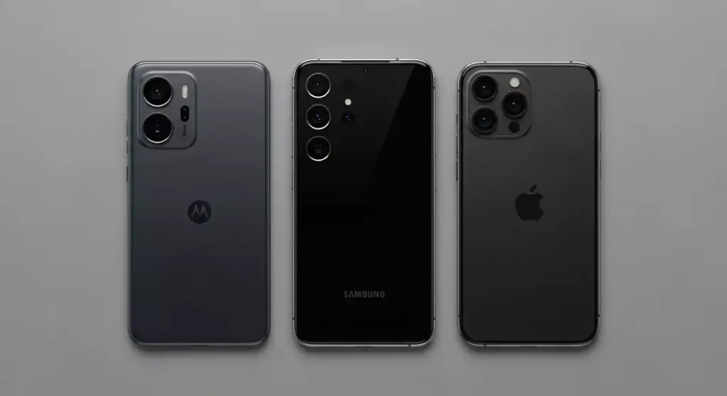 Render showing Motorola Edge 50 Ultra beside Samsung Galaxy S24 and iPhone 15 Pro, neutral studio background