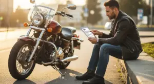 Rider calculating insurance costs for his motorcycle.