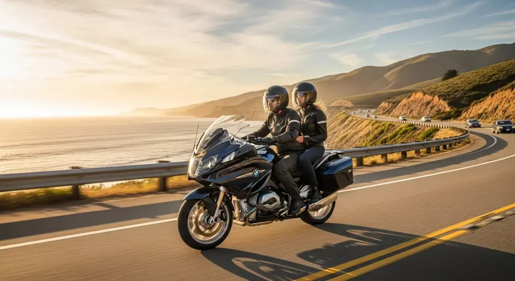 Rider couple on BMW R 1300 RT cruising Pacific Coast Highway — golden sunset, ocean backdrop, light traffic