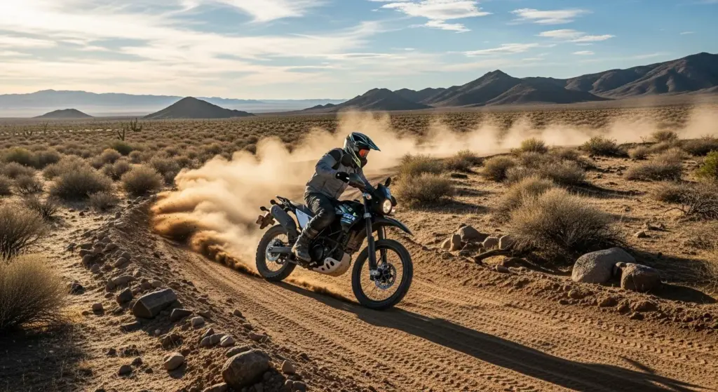 Rider cruising Suzuki e-VanVan electric bike through desert trails near Nevada, dust trail behind