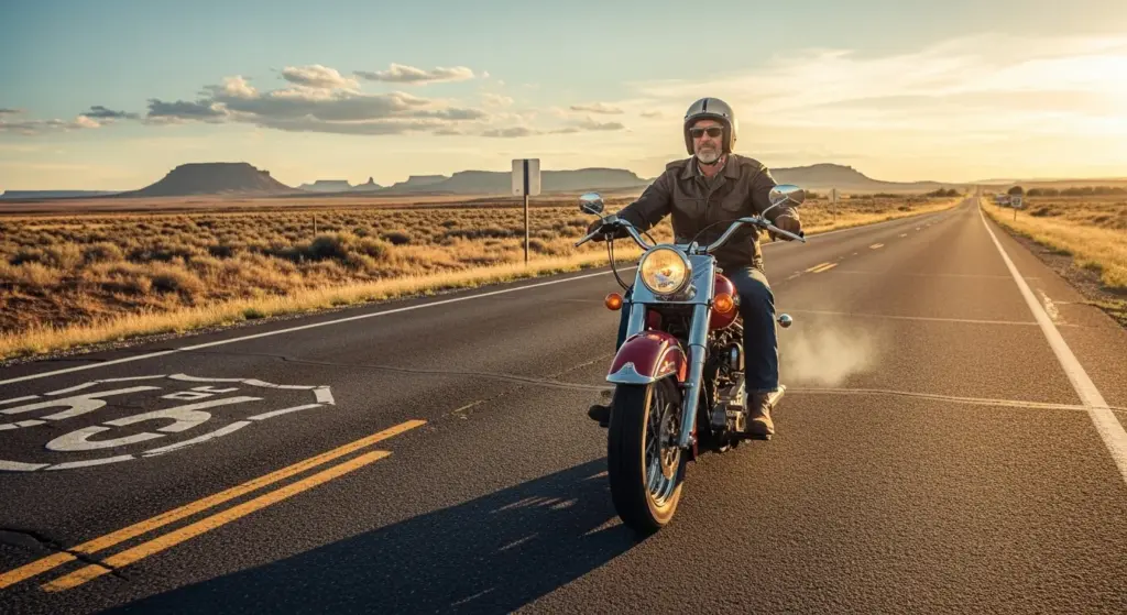 Rider cruising smoothly down Route 66 after fixing idle problem enjoying a stable ride