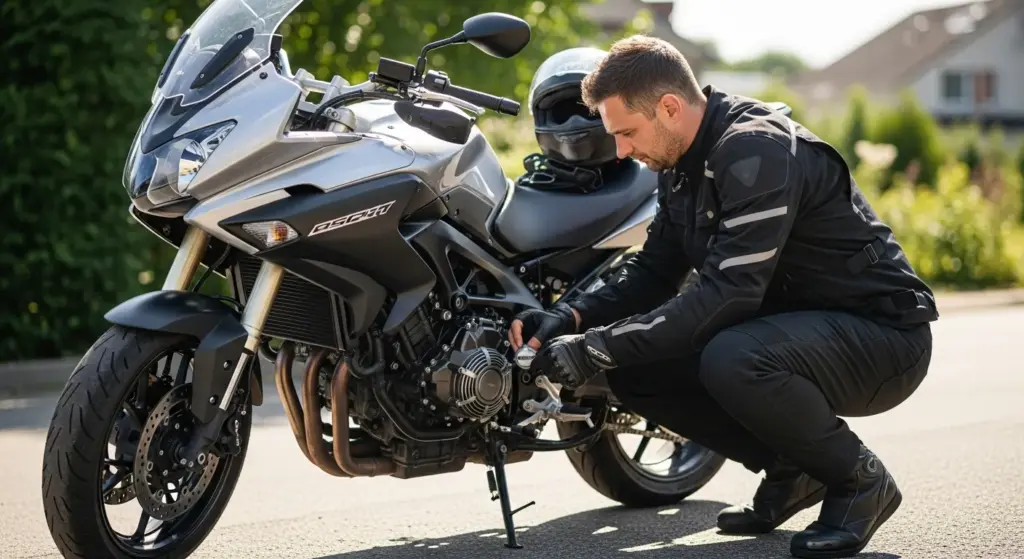 Rider doing preventive inspection