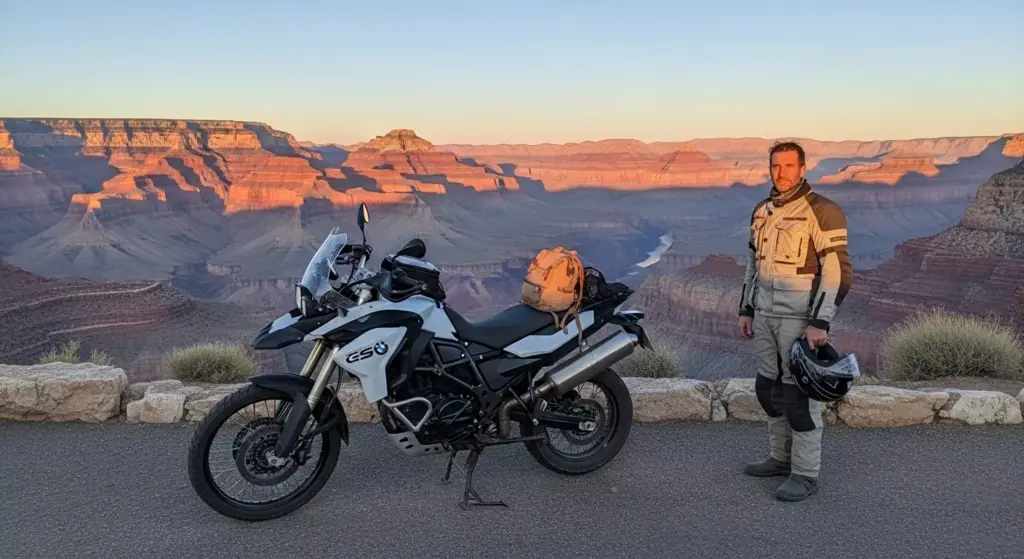 Rider on BMW F 800 GS parked near Grand Canyon overlook — panoramic shot, backpack, helmet off, sunset vibes