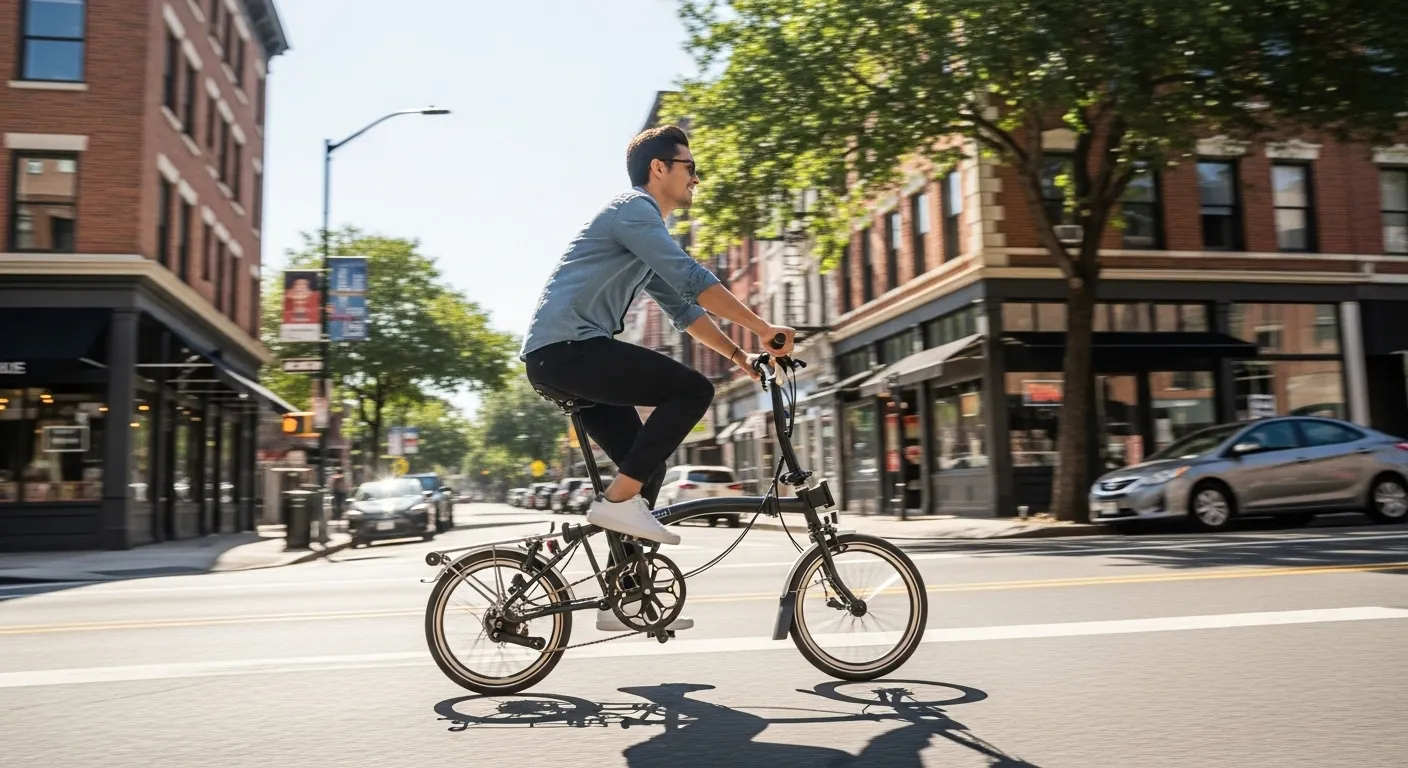 Rider on Brompton Electric G e-bike commuting through U.S. city streets.604Z