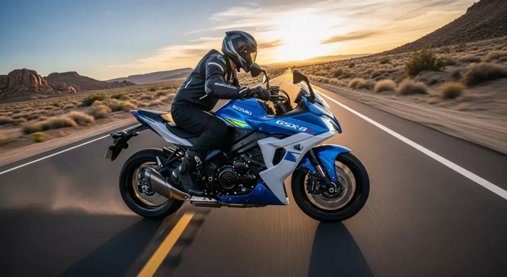 Rider testing 2026 Suzuki GSX-8T on U.S. desert highway, showcasing acceleration and handling performance