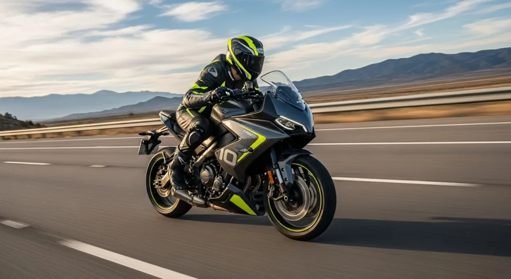 Rider testing the performance of the 2026 CFMoto 675NK on a U.S. highway