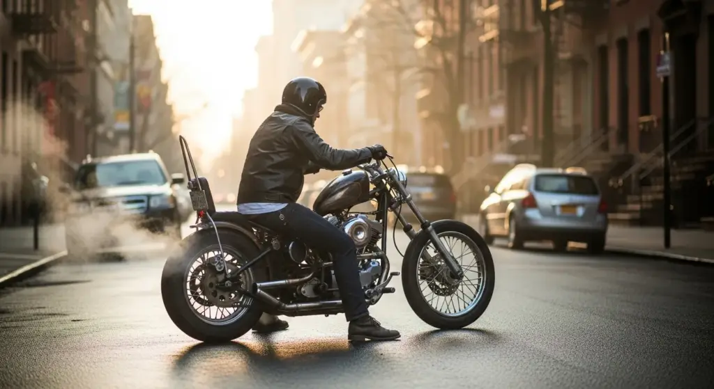 Rider warming up motorcycle engine on a calm morning