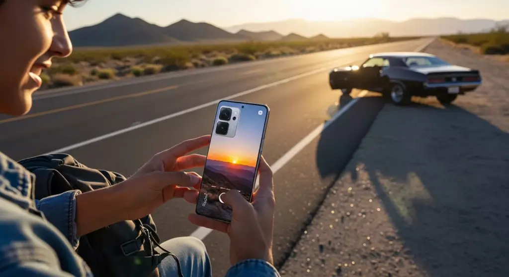 Riderdriver scenario in USA setting (mountains, desert highway) using Redmi Note 14 5G, casual lifestyle shot