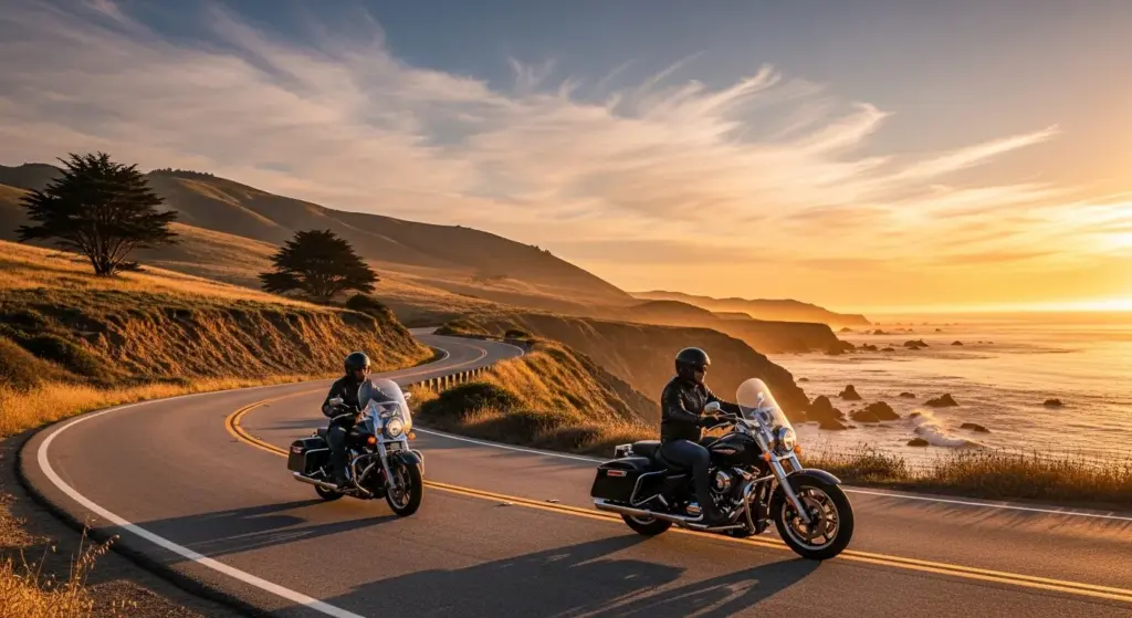 Riders enjoying smooth cornering on scenic road
