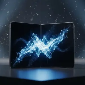 Samsung Galaxy Z TriFold unfolded on a desk, futuristic lighting, tech-launch vibe