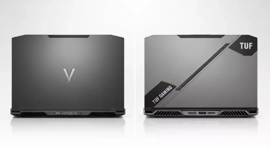 Side-by-side render of HP Victus 15 vs ASUS TUF gaming laptop, clean product shot, front view, studio lighting, white background
