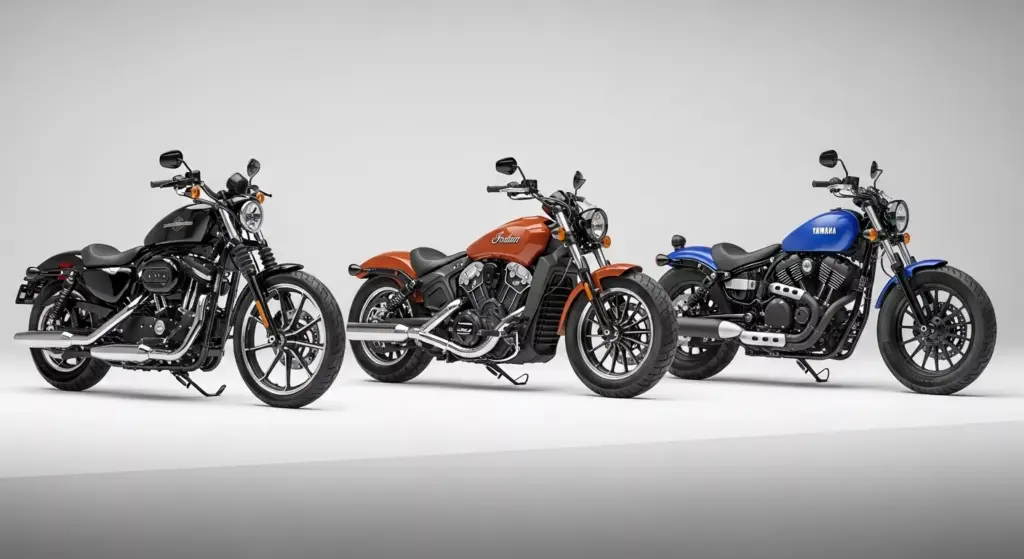 Side-by-side render of Harley-Davidson Nightster 975 vs Indian Scout Sixty and Yamaha Bolt R-Spec, studio background, clean lighting