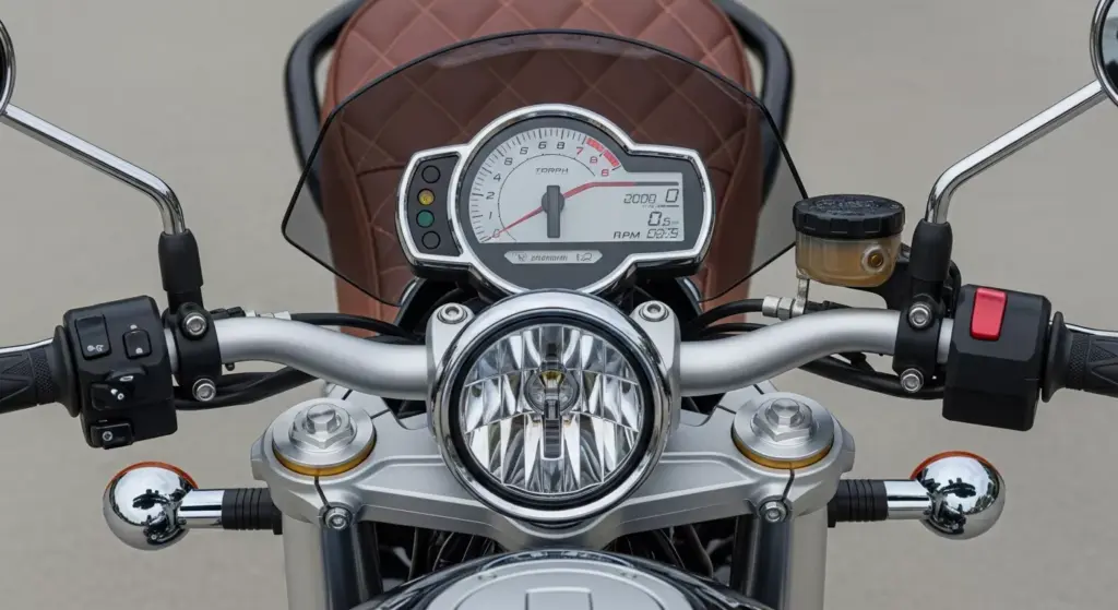 Suzuki GSX-8TT 2026 design details including instrument cluster, round LED headlamp, stitched seat, and fuel tank curves